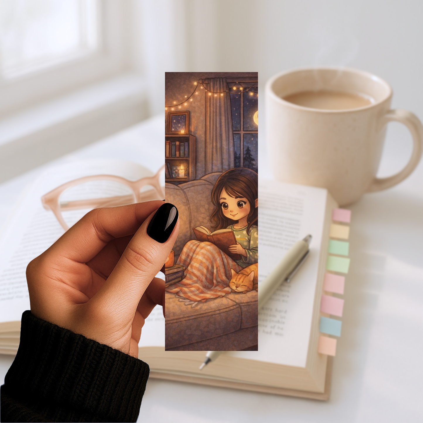 Illustrated cozy reading bookmark with a girl, cat, blanket, and bookshelf in a warm home library scene