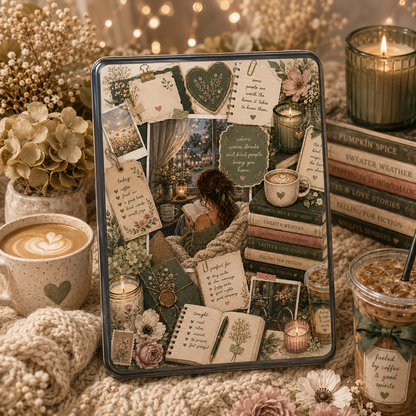 Cozy reading Kindle insert collage with coffee, books, flowers, journal notes and warm cottage reading details
