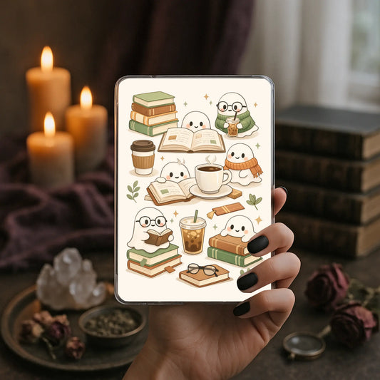 Cozy Reading Ghosts Kindle insert featuring cute ghosts, books, coffee, scarves, and warm bookish details