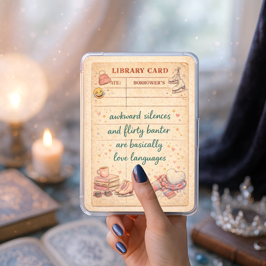 Cozy romance library card Kindle clear case insert with flirty quote and warm bookish illustrations