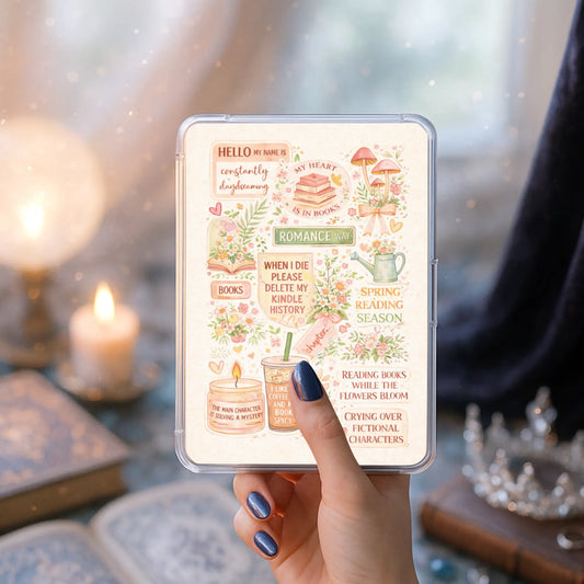 Cozy spring reading Kindle insert displayed in a clear case with bookish decor
