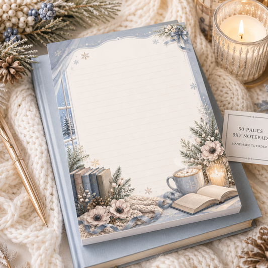 5x7 handmade lined winter notepad with pale blue snowy branches, books, hot cocoa, candles, knit blanket and soft cozy reading details.