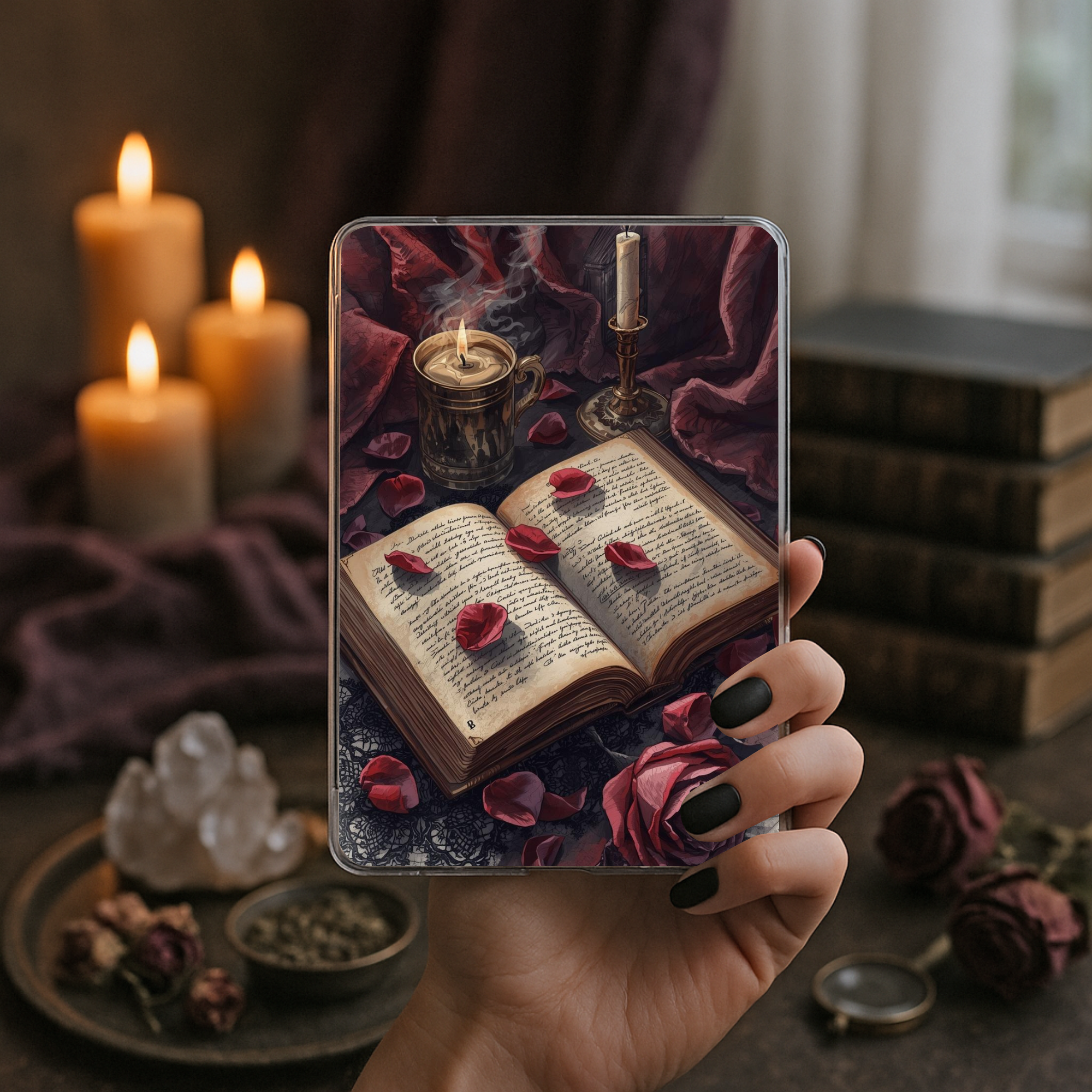 Crimson rose spellbook Kindle insert dark romance gothic bookish aesthetic for readers