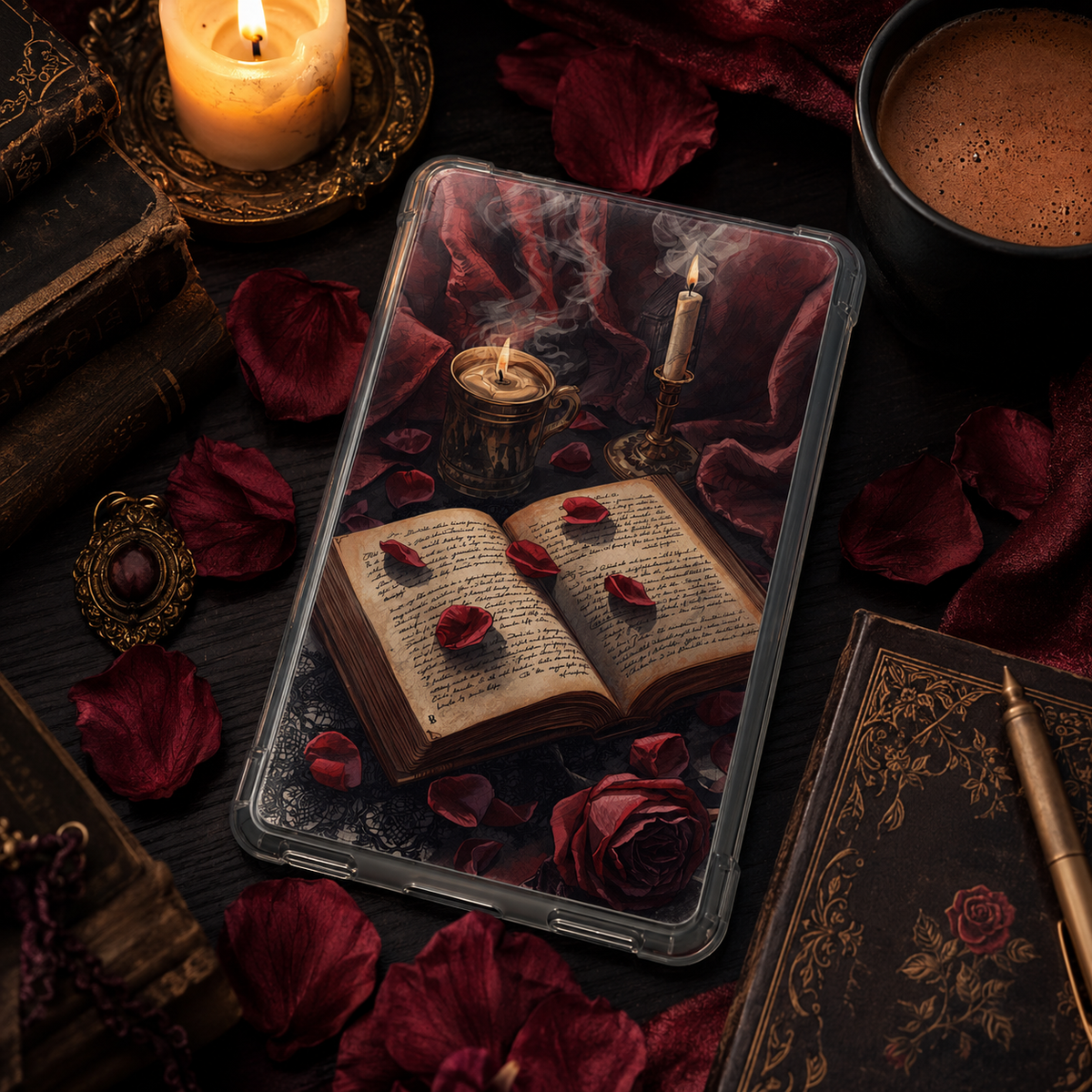 Crimson Rose Spellbook Kindle insert with handwritten pages, red rose petals, candles, lace, and gothic witchy styling