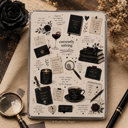 Mystery reader Kindle insert with dark books, wine, fingerprints, clues, black roses and currently solving murders typography
