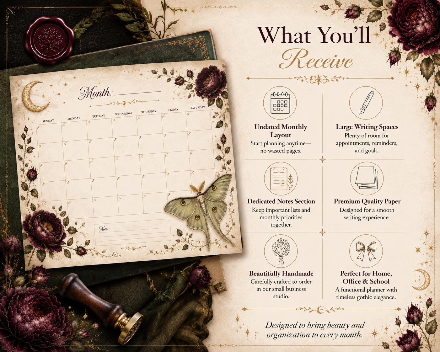 Infographic showing what is included with the handmade dark academia monthly desk calendar, including premium paper, chipboard backing, optional personalization, and optional magnetic backing.