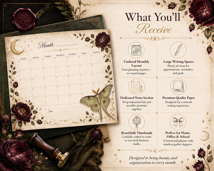 Infographic showing what is included with the handmade dark academia monthly desk calendar, including premium paper, chipboard backing, optional personalization, and optional magnetic backing.