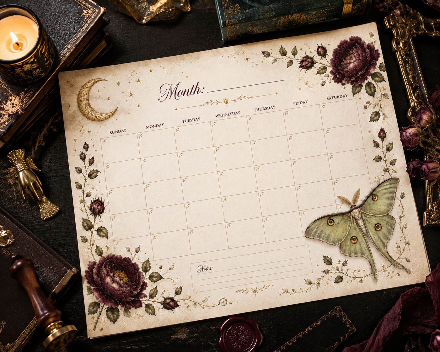 Dark academia undated monthly desk calendar with burgundy florals, luna moth artwork, and vintage parchment styling.
