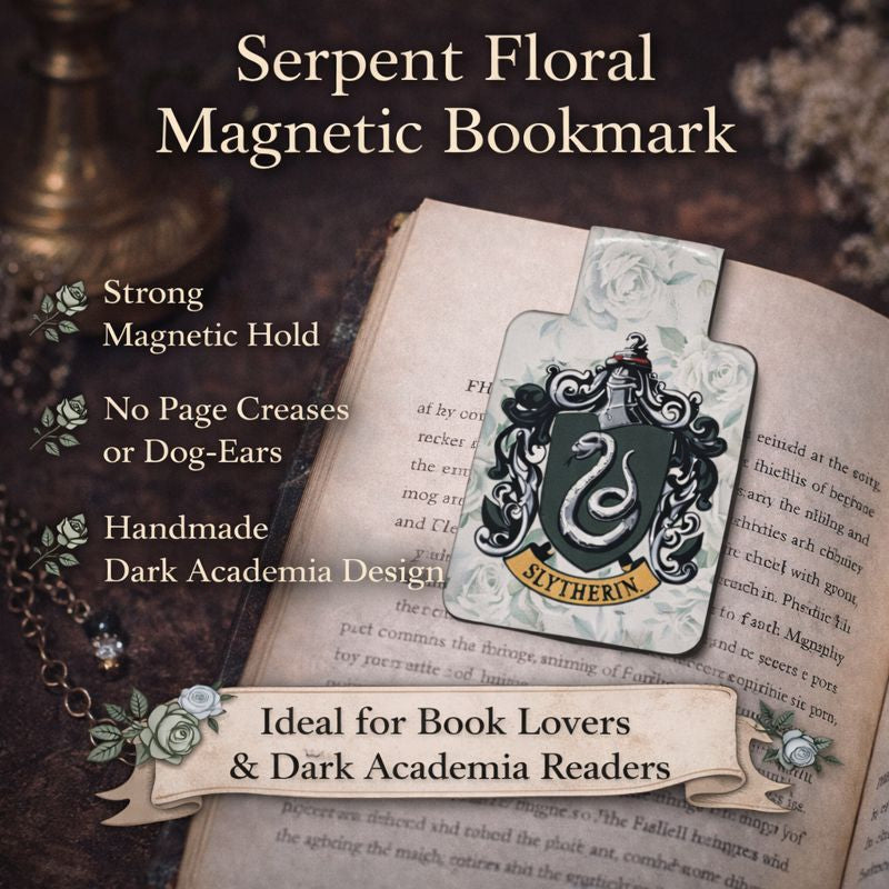 Dark academia magnetic bookmark with serpent emblem and soft floral design, slim handmade bookmark for book lovers