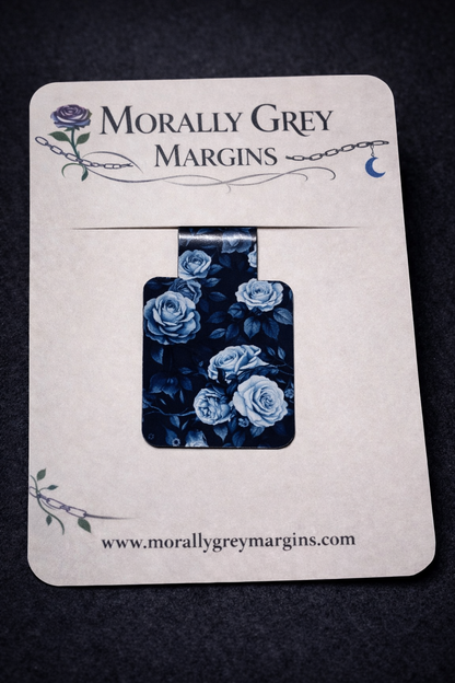 Dark blue rose magnetic bookmark with floral design, handmade bookish page marker by Morally Grey Margins