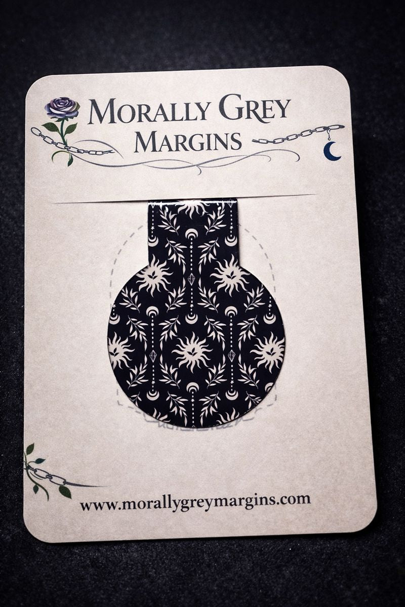 Dark celestial sun and moon magnetic bookmark with gothic pattern, handmade bookish accessory for book lovers and BookTok readers.