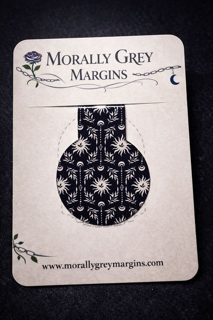 Dark celestial sun and moon magnetic bookmark with gothic pattern, handmade bookish accessory for book lovers and BookTok readers.