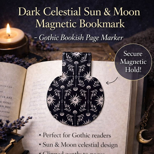 Dark celestial sun and moon magnetic bookmark with gothic pattern clipped to an open book, showing secure magnetic hold and gentle page protection.