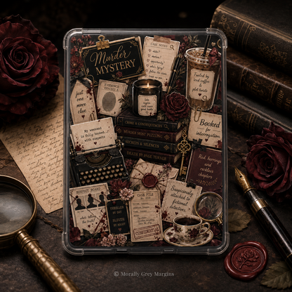 Dark murder mystery Kindle insert collage with case notes, evidence, typewriter, burgundy roses, coffee and detective clues