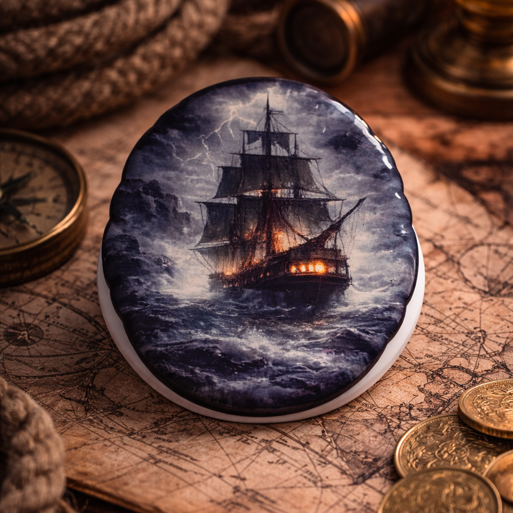 Dark nautical magnetic Kindle grip featuring stormy ship at sea with glowing lantern lights

