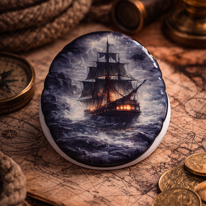 Dark nautical magnetic Kindle grip featuring stormy ship at sea with glowing lantern lights
