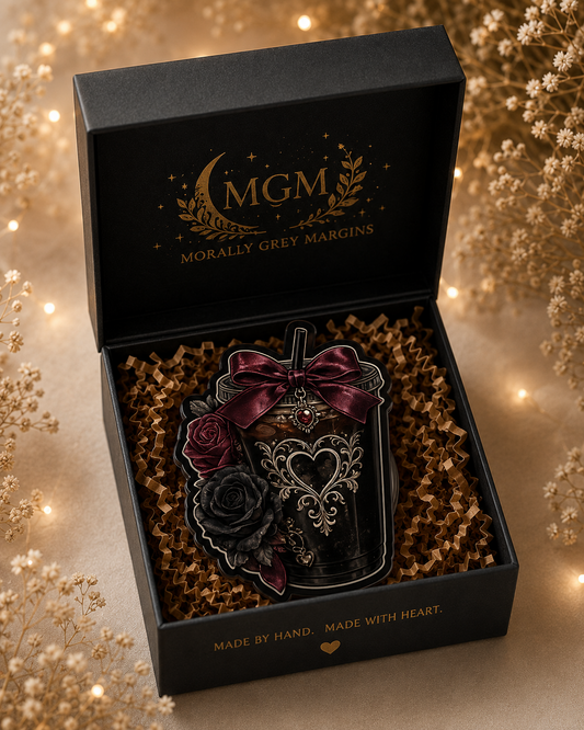 Dark romance iced coffee MagSafe Kindle grip with burgundy bow black rose red rose and gothic heart details