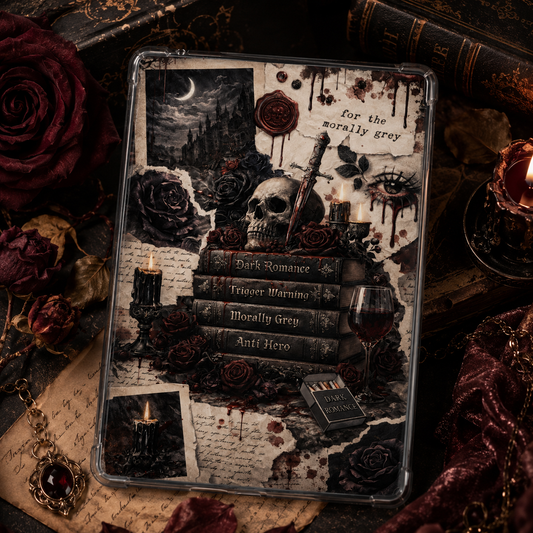 Dark Romance Kindle insert beneath a clear case with antique books, black roses, candles, a skull, and gothic artwork