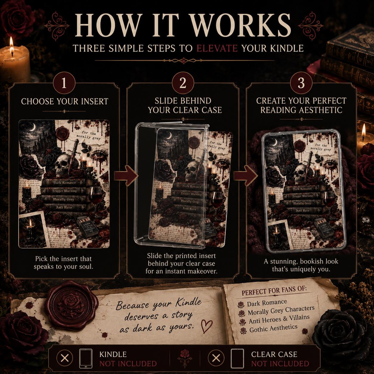 Illustration showing how the Dark Romance Kindle insert slides behind a transparent clear Kindle case.