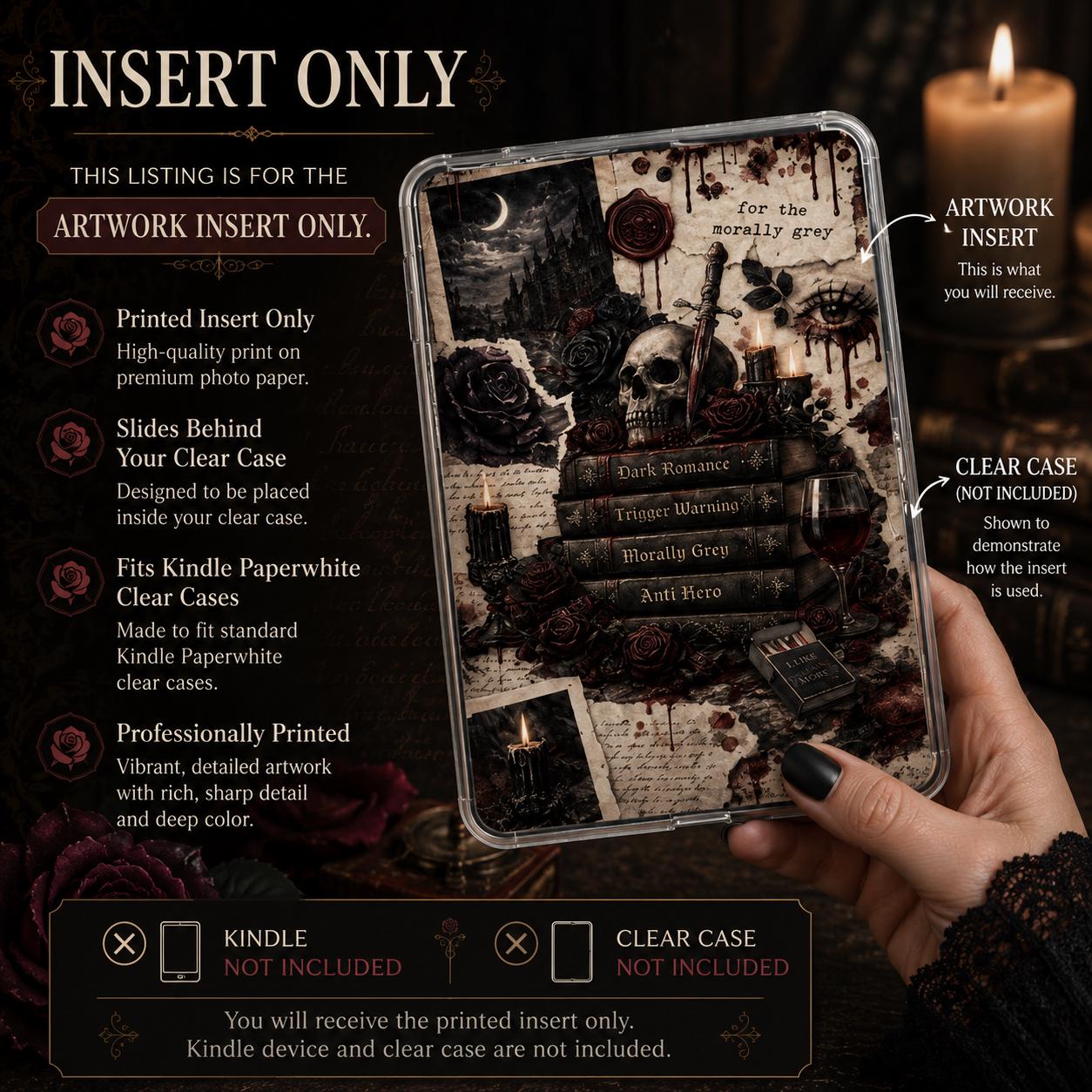Dark Romance Kindle insert displayed in a cozy gothic reading setup with candles and antique books.