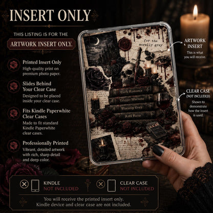 Dark Romance Kindle insert displayed in a cozy gothic reading setup with candles and antique books.