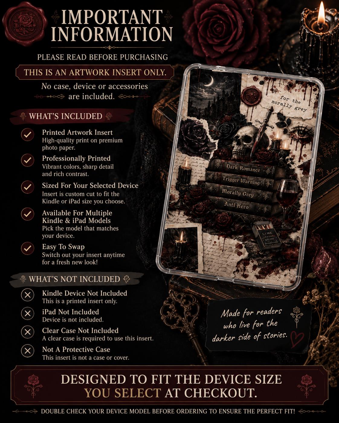 Dark Romance Kindle insert showing what is included with the printed artwork and explaining that the Kindle and clear case are sold separately.