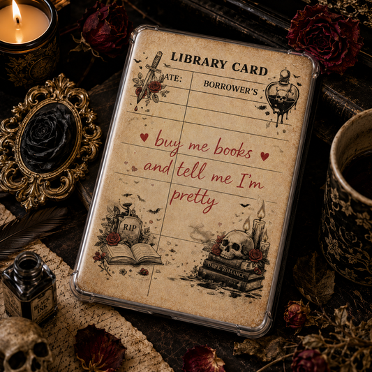 Dark Romance Library Card Kindle insert with skulls, candles, roses, vintage bookish artwork, and a cheeky reader quote