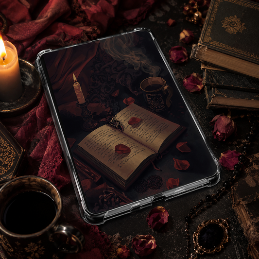 Dark Romance Spellbook Kindle insert beneath a clear case with handwritten pages, crimson rose petals, candlelight, and gothic styling