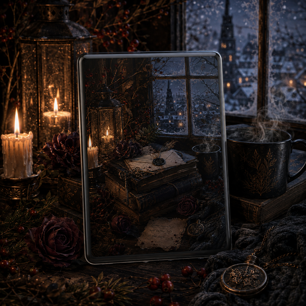 Dark winter gothic Kindle insert with candlelight, antique books, sealed letter, roses and snowy village