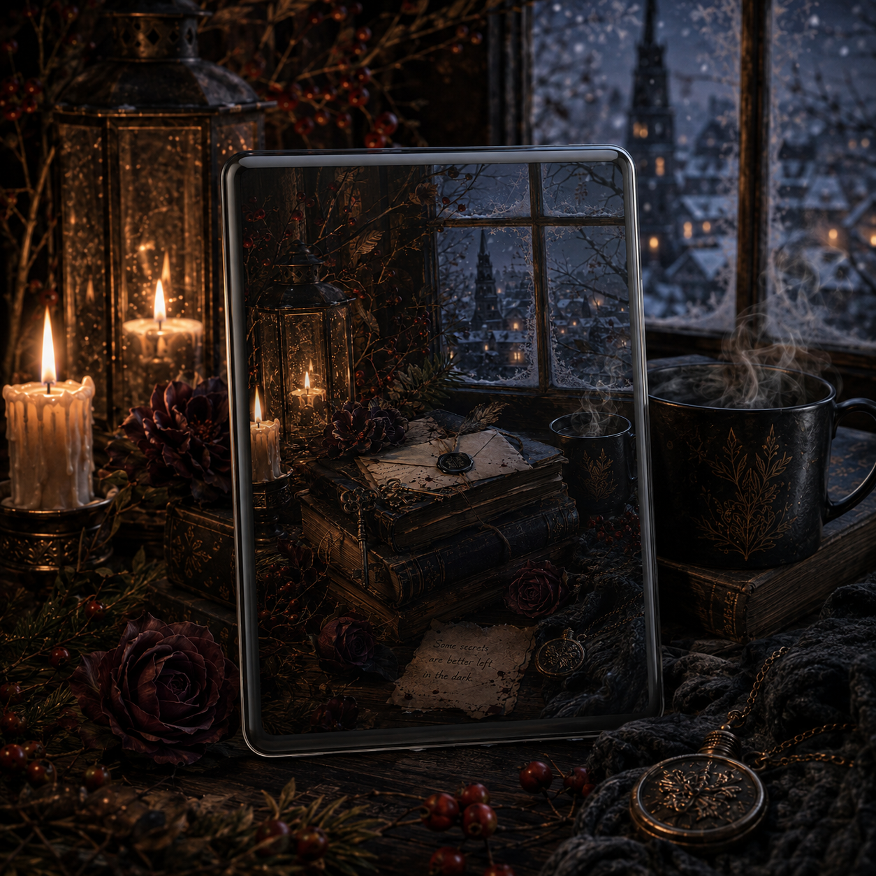 Dark winter gothic Kindle insert with candlelight, antique books, sealed letter, roses and snowy village