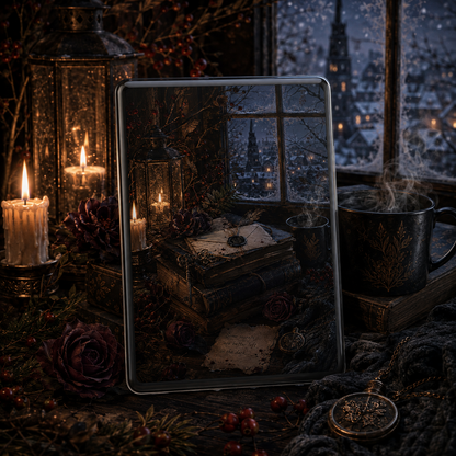 Dark winter gothic Kindle insert with candlelight, antique books, sealed letter, roses and snowy village