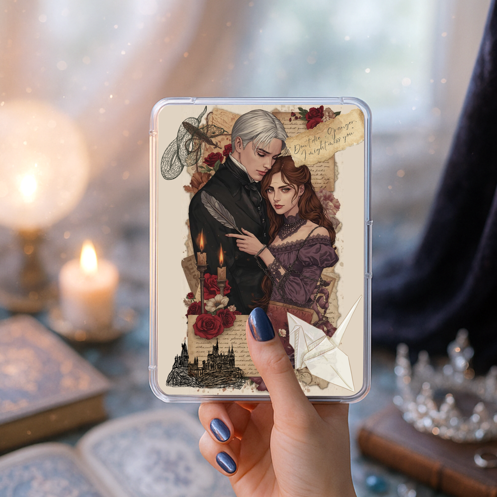 Dark romance gothic couple illustration displayed inside a clear Kindle case, featuring a silver-haired man and brunette woman surrounded by roses, candles, handwritten letters, and vintage collage elements