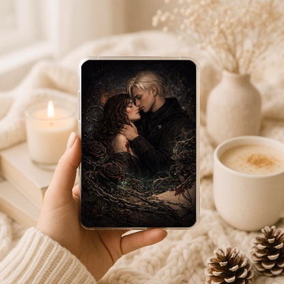Dramione Kindle clear case insert featuring a dark romantic fantasy couple with gothic bookish aesthetic