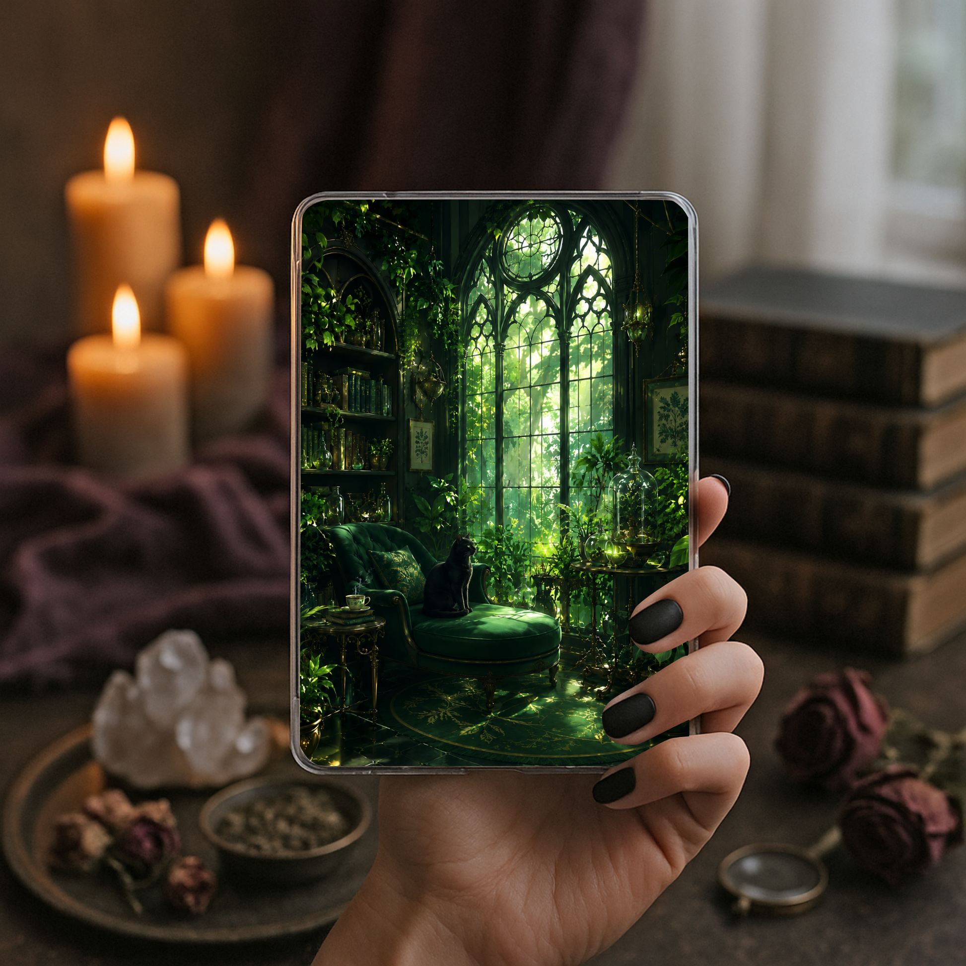 A hand with dark nail polish holds a smartphone displaying a lush green fantasy library scene with vines, bookshelves, and a large arched window. The background is a moody, styled tabletop with lit candles, old books, dried roses, and crystals.