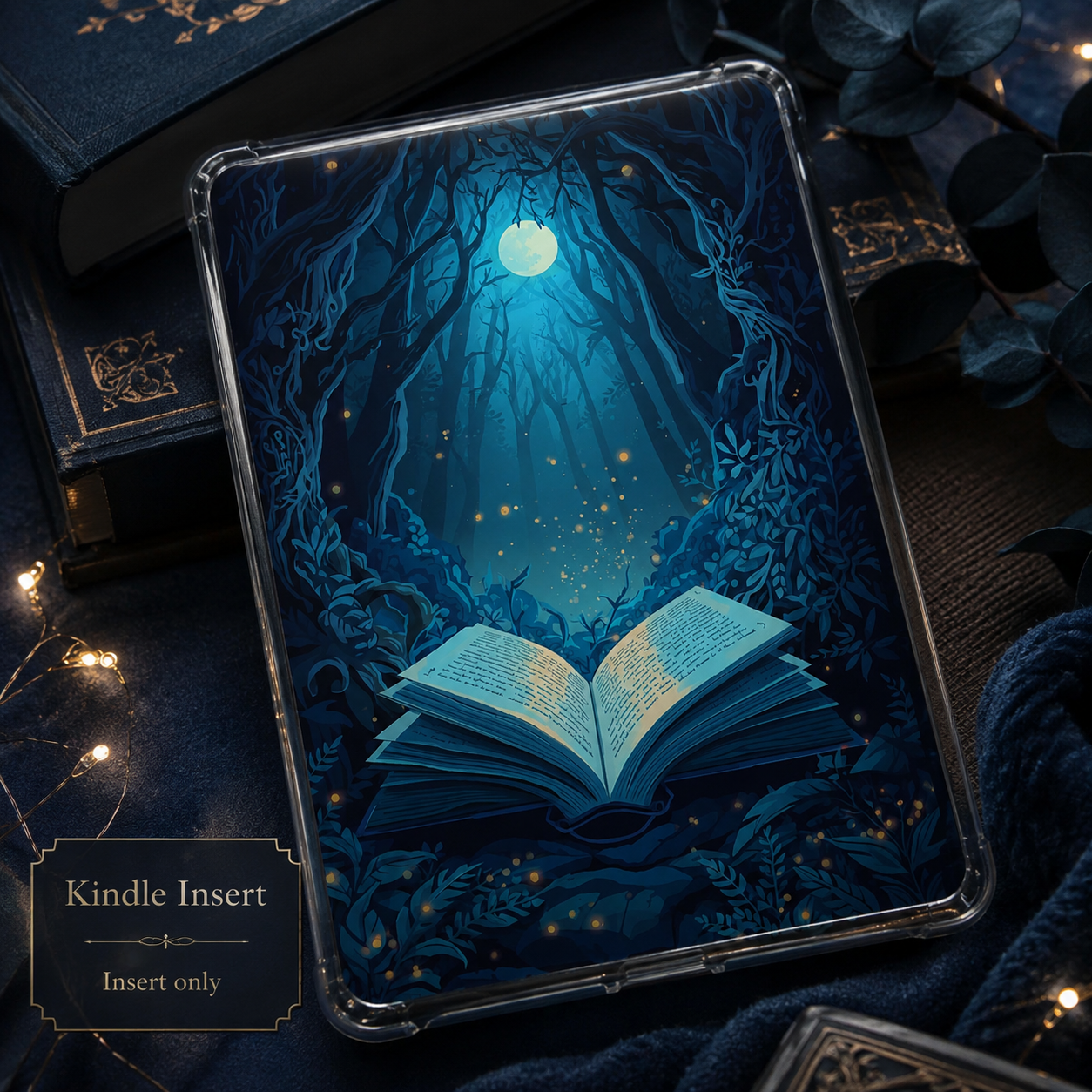 Enchanted Moonlit Forest Kindle insert featuring a glowing open book beneath a full moon surrounded by magical woodland and fireflies.