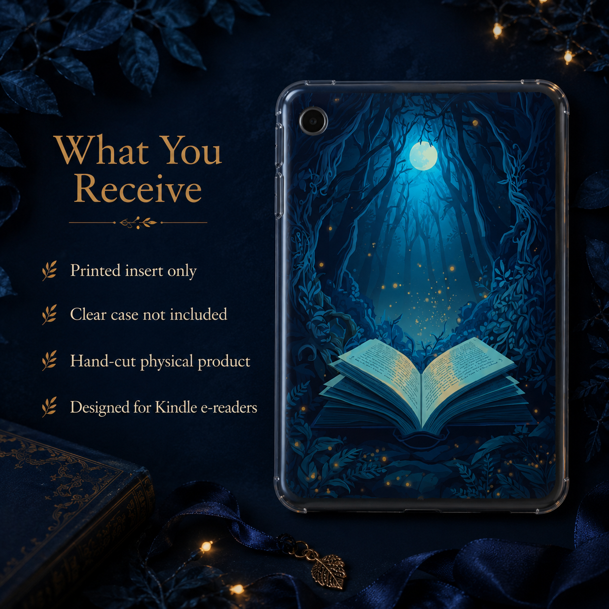 Enchanted Moonlit Forest printed Kindle insert displayed beneath a transparent clear Kindle case.