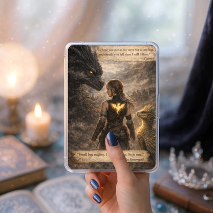 Epic fantasy bookish Kindle insert featuring dragons and heroic rider aesthetic
