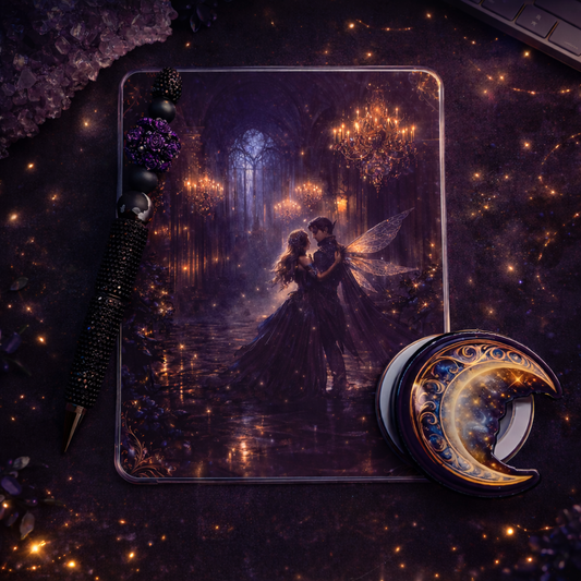  Dark romantasy fae ballroom Kindle insert with celestial golden glow aesthetic  
