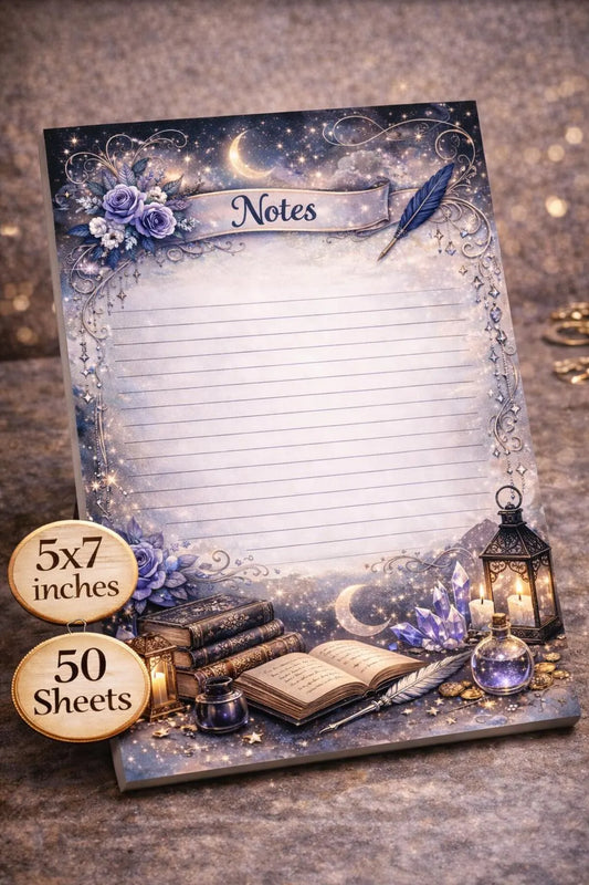 Handmade Moonlit Magic notepad showing 50 lined sheets and celestial purple bookish artwork