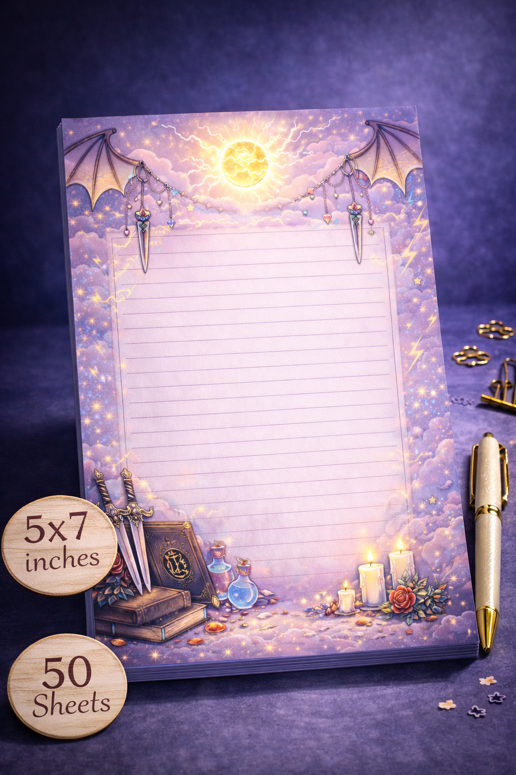 Fantasy dragon themed 5x7 lined notepad with celestial moon, dragon wings, potions, candles, and dark academia aesthetic, 50 sheets, handmade