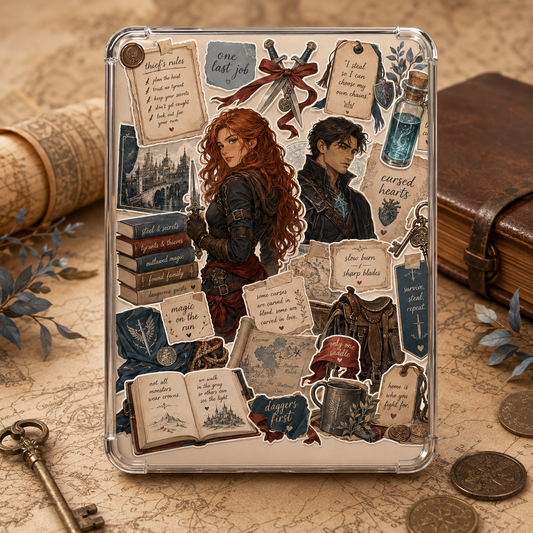 Fantasy heist Kindle insert collage with red-haired thief, dark-haired rogue, daggers, maps, keys and magical potion