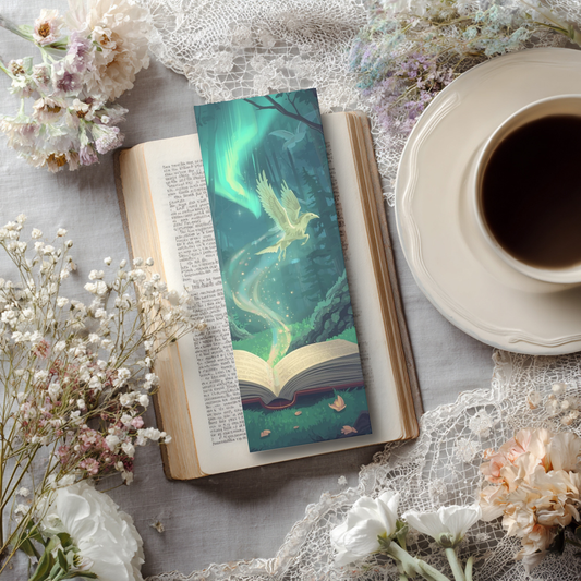 Fantasy bookmark with glowing open book and magical bird in an enchanted forest scene