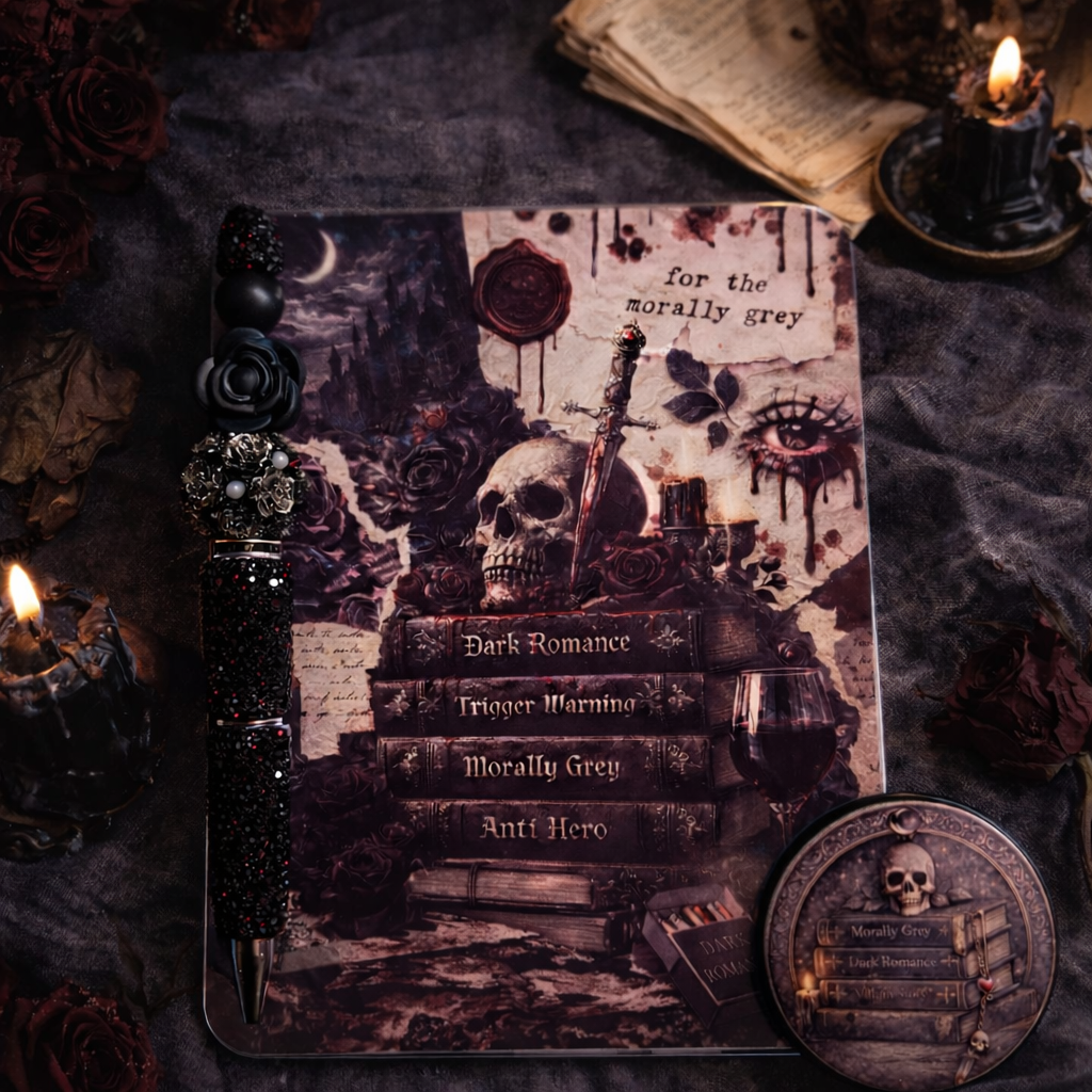 For the Morally Grey Kindle accessory set with a gothic dark romance insert, coordinating MagSafe grip, and black beaded pen