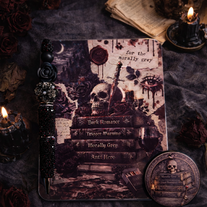 For the Morally Grey Kindle accessory set with a gothic dark romance insert, coordinating MagSafe grip, and black beaded pen
