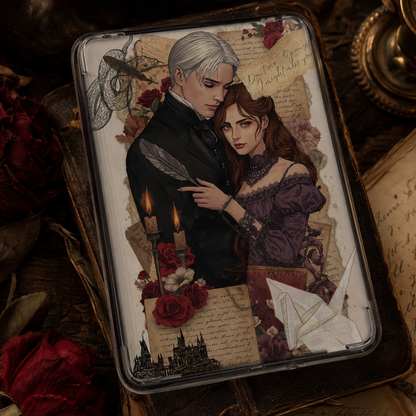 Forbidden Letters dark wizard romance Kindle insert with a silver-haired man, dark-haired woman, crimson roses, candles, and handwritten letters