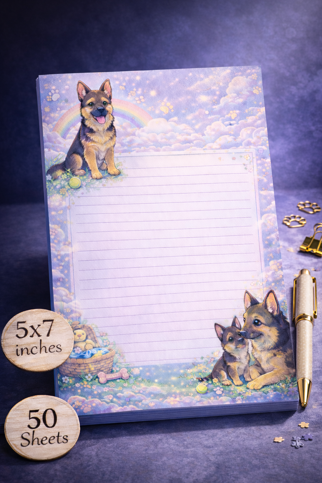 Cute German Shepherd puppy themed 5x7 lined notepad with pastel dog design, rainbow sky, 50 sheets, handmade stationery