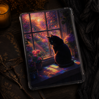 Golden Hour Familiar Kindle insert beneath a clear case with a black cat, colorful garden flowers, and warm sunset light through a window