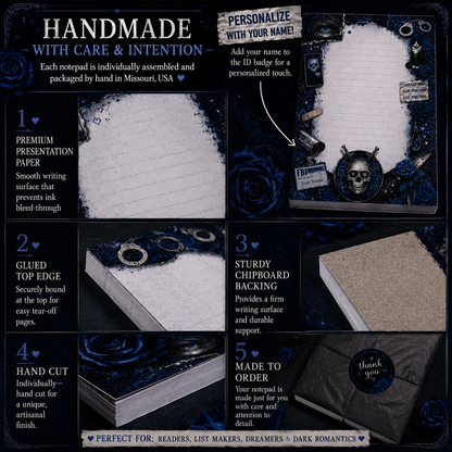 Promotional image of a handmade notepad with features and customization options.