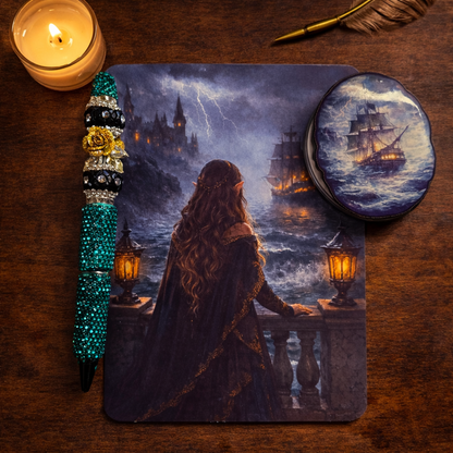 Stormy sea fantasy Kindle insert with cloaked fae figure and lantern light aesthetic
