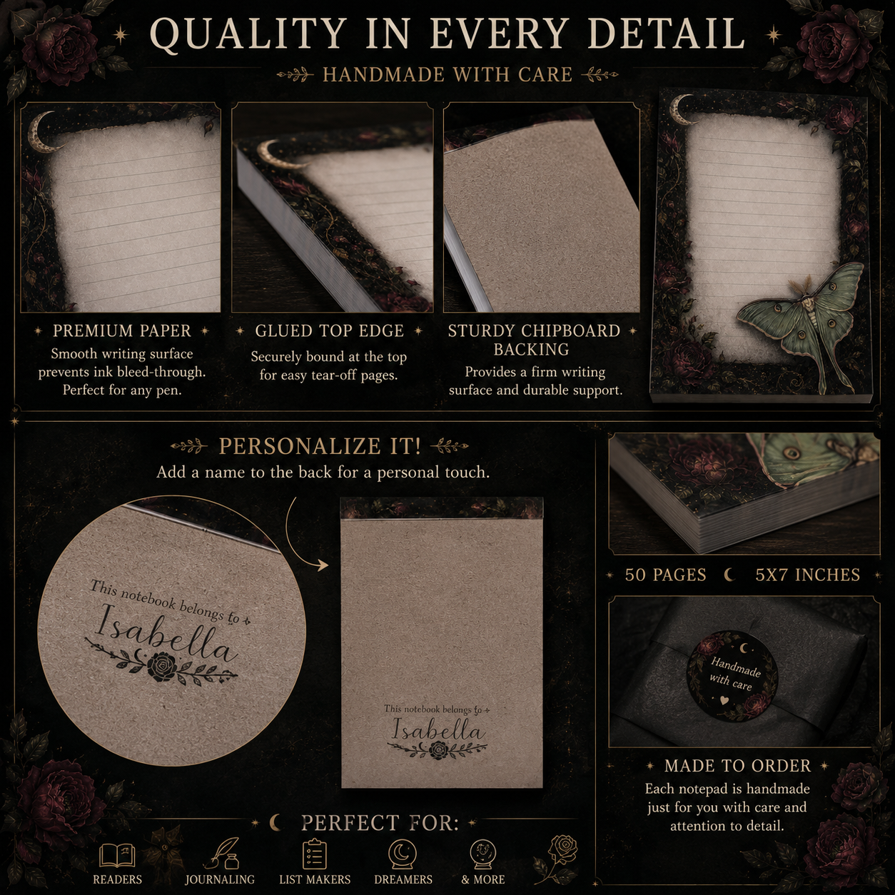 Gothic floral luna moth notepad with burgundy roses, celestial moon details, lined writing space, and 50 tear-off pages for readers and writers.